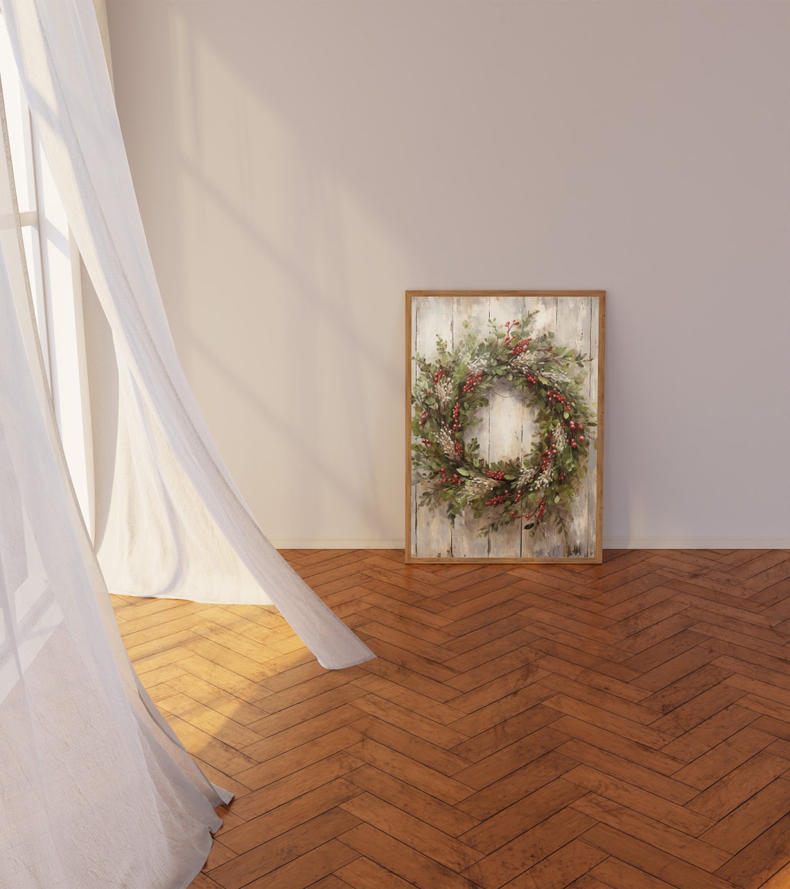 Evergreen Wreath with Red Berries on Whitewashed Wood Poster - Image 3