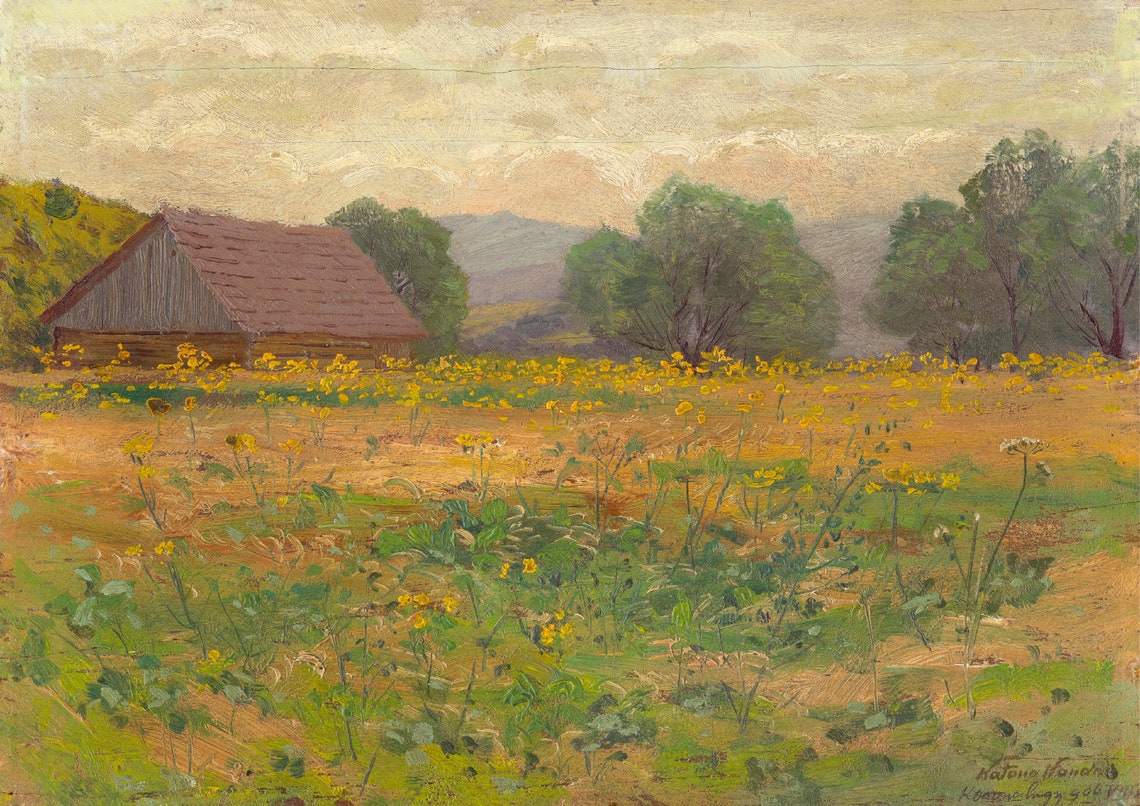 Rustic Barn Among Yellow Wildflowers Vintage Farm Painting Poster - Image 7
