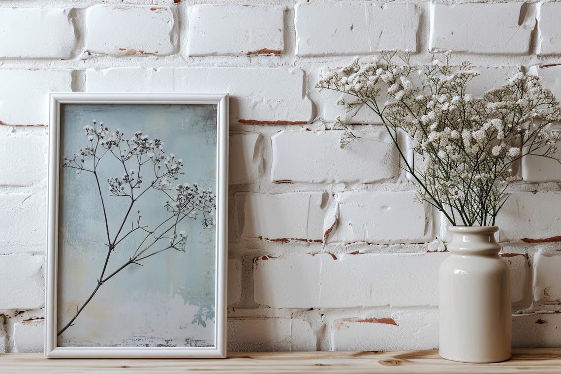 White Babys Breath Sprig Distressed Blue Minimalist Art Poster - Image 4