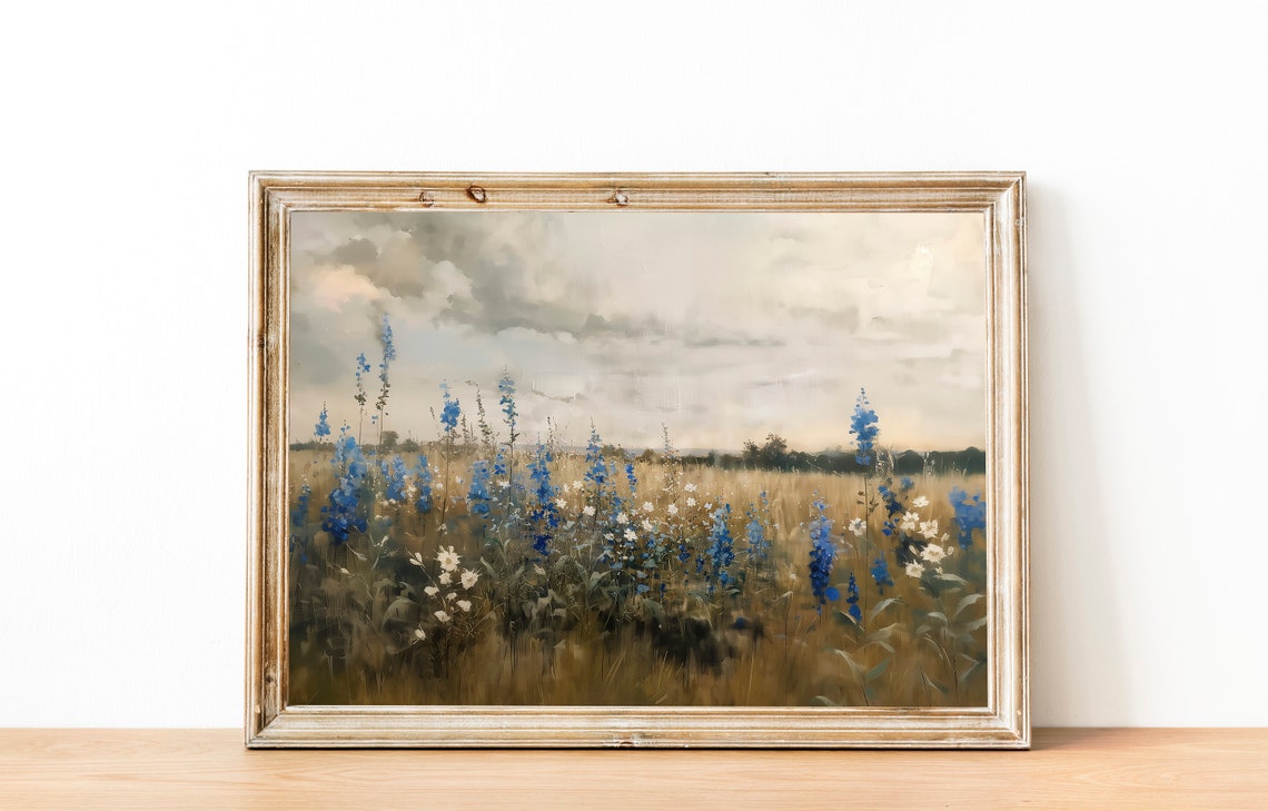 Blue Delphinium Spikes in Golden Field Cloudy Sky Art Poster - Image 2