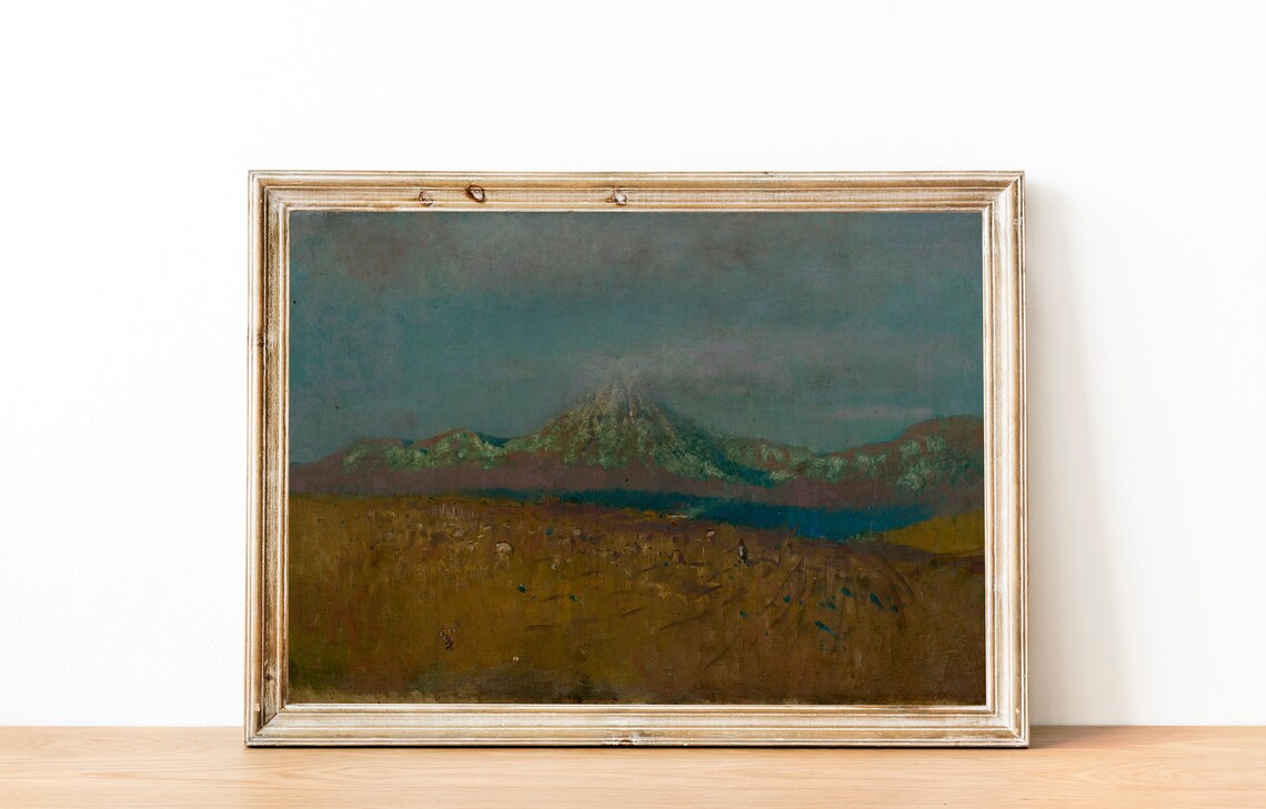 Muted Dark Mountain Over Golden Field Antique Tonal Painting Poster - Image 3