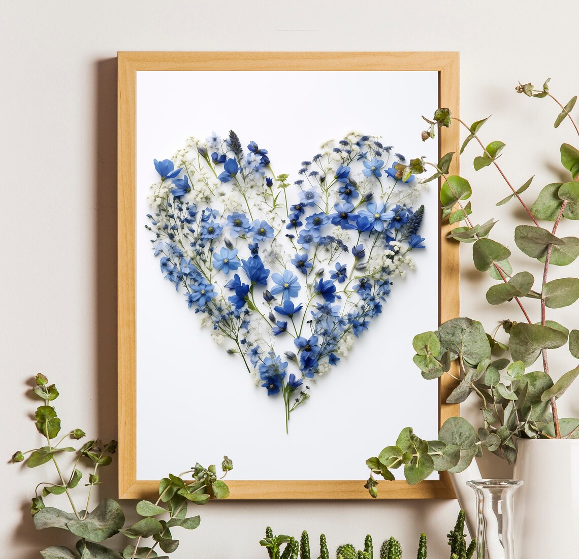 Blue Flower Heart Botanical Heart Art Print