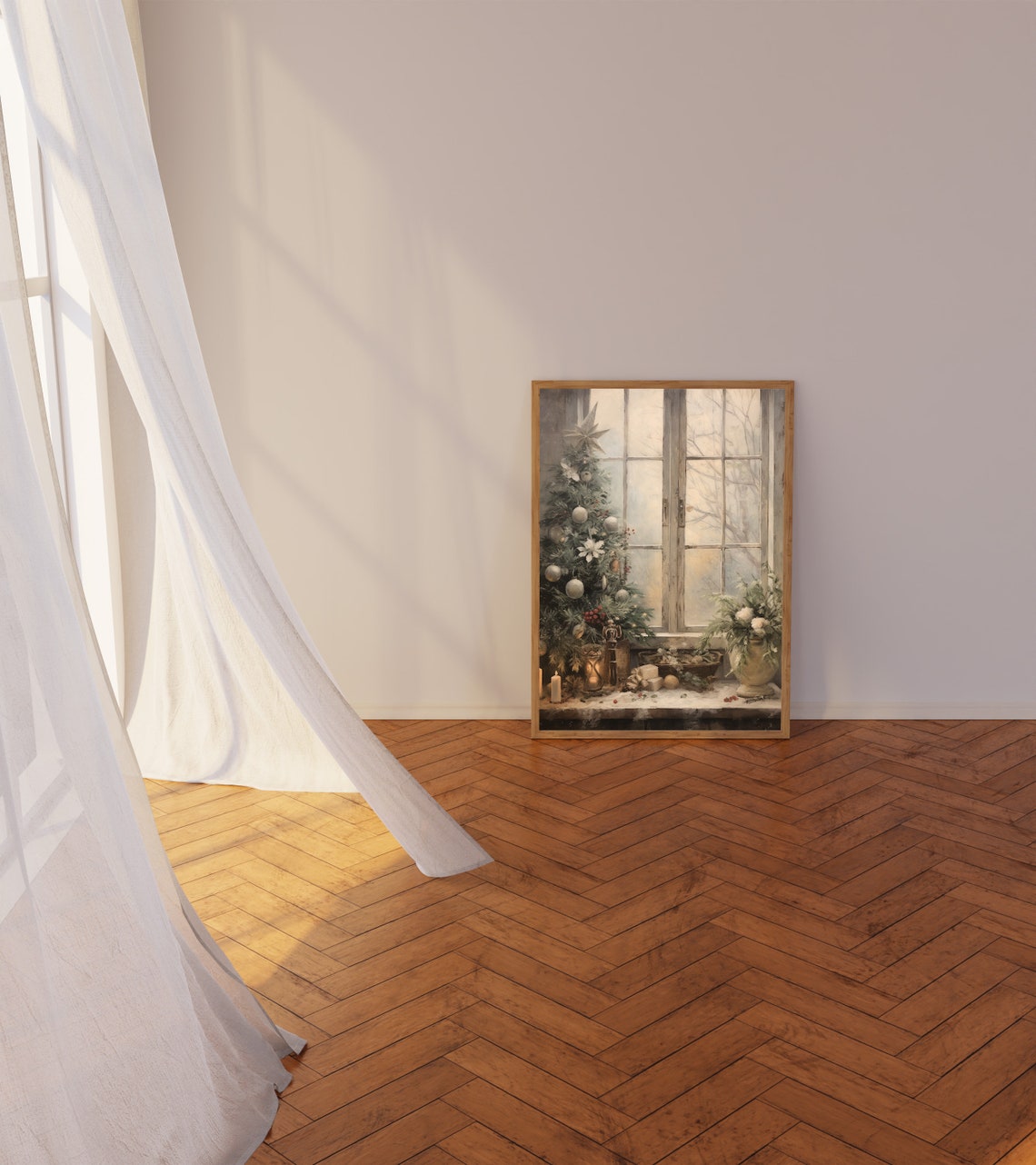 Snowy Christmas Tree by Frosty Window with Glowing Candles Poster - Image 3
