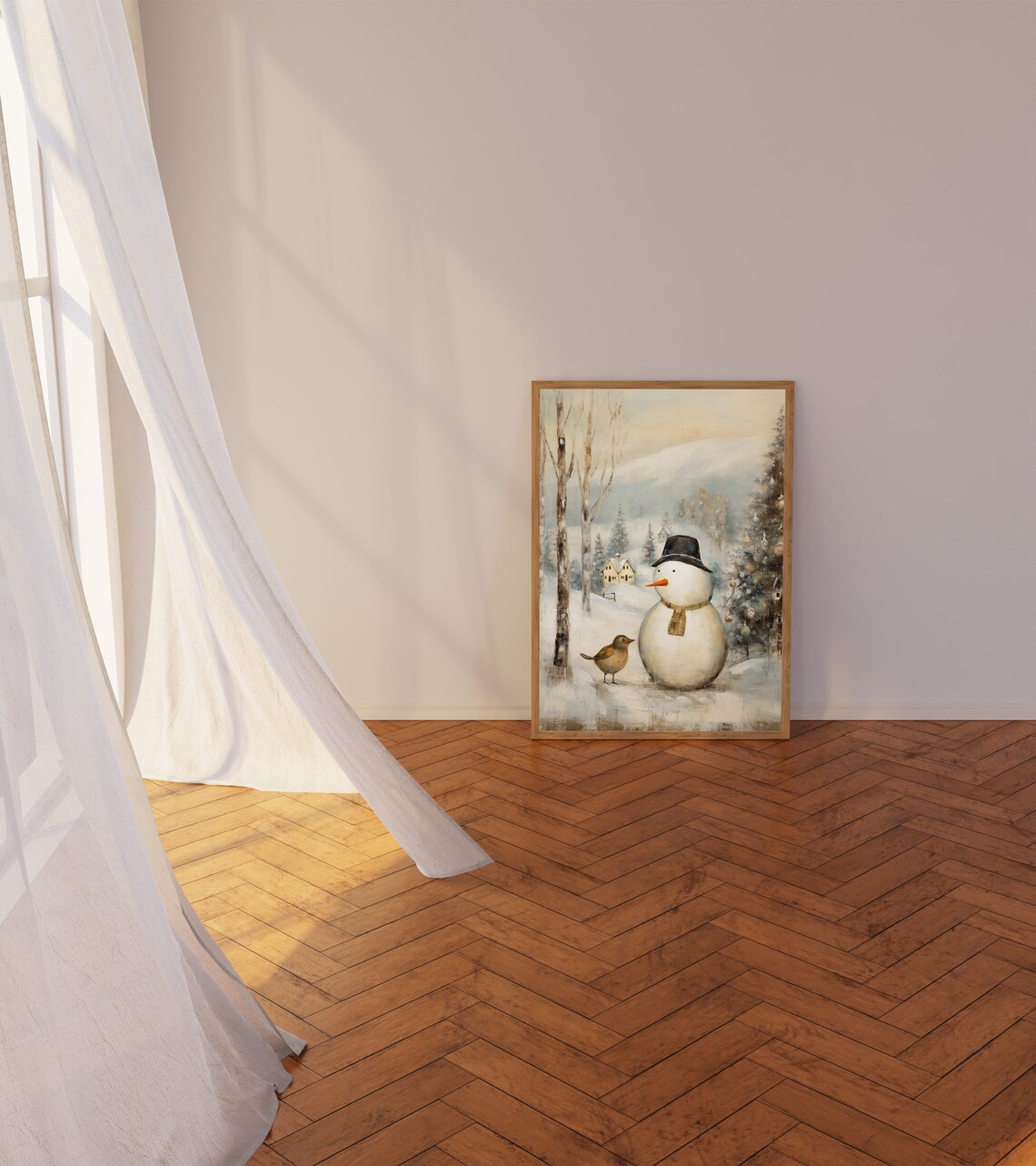 Cute Snowman with Bird in Snowy Christmas Village Art Poster - Image 4