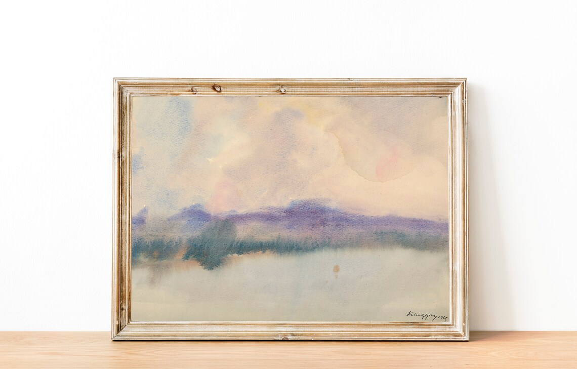 Misty Lake Watercolor Landscape Minimalist Purple Mountains Art Poster - Image 3