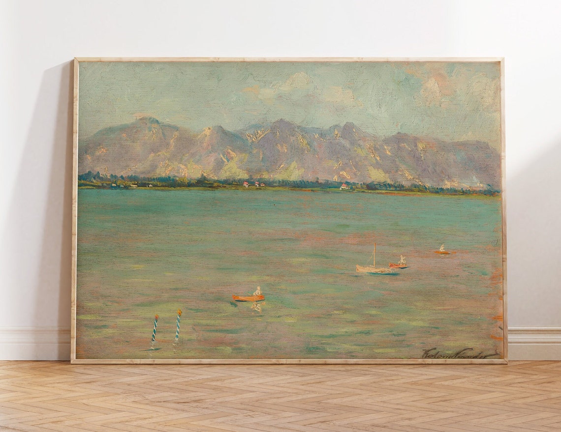 Turquoise Lake Small Boats Mountain Range Vintage Painting Poster