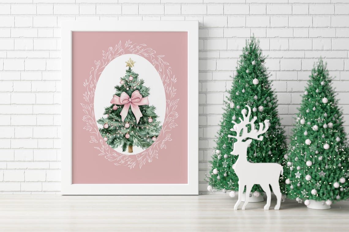 Pink Christmas Tree with Big Bow and Gold Star in Oval Frame Poster - Image 4