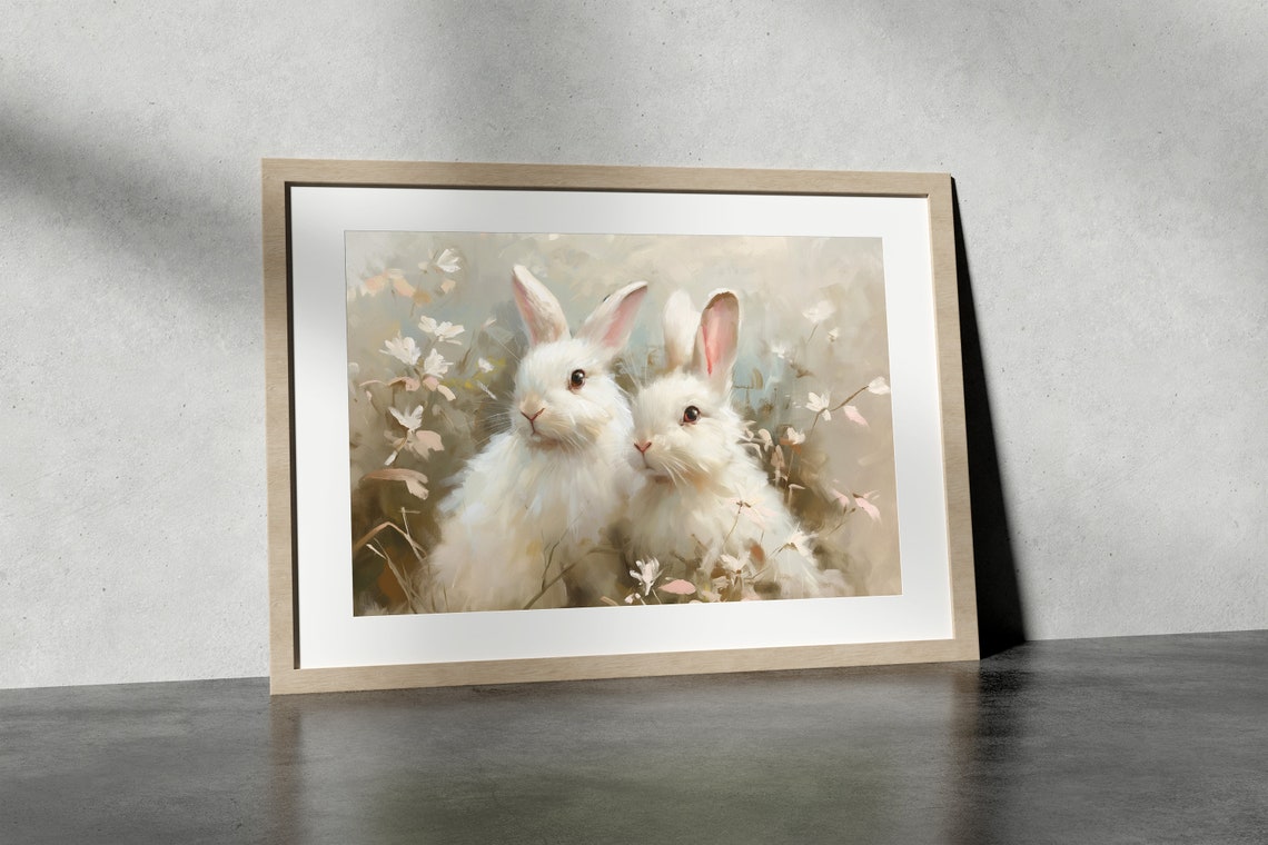 Two White Bunnies in Wildflowers Soft Spring Nursery Wall Art - Image 3