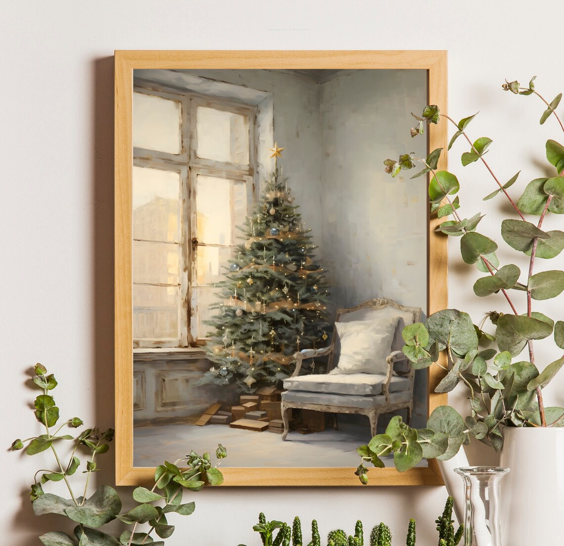 Christmas Tree by Window Beside French Armchair Neutral Art Poster