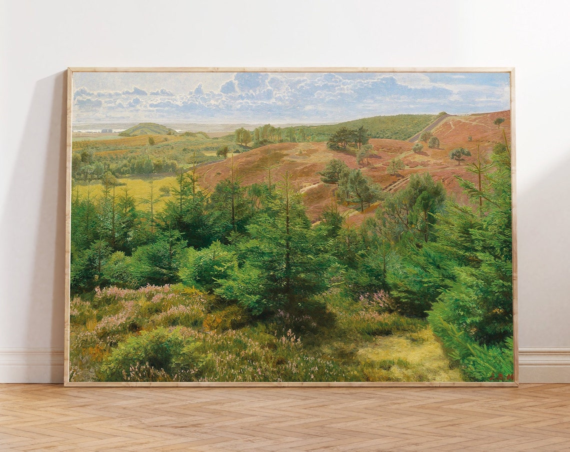 Vintage Forest Mountain Painting Hills Heather Cloudy Blue Sky Poster