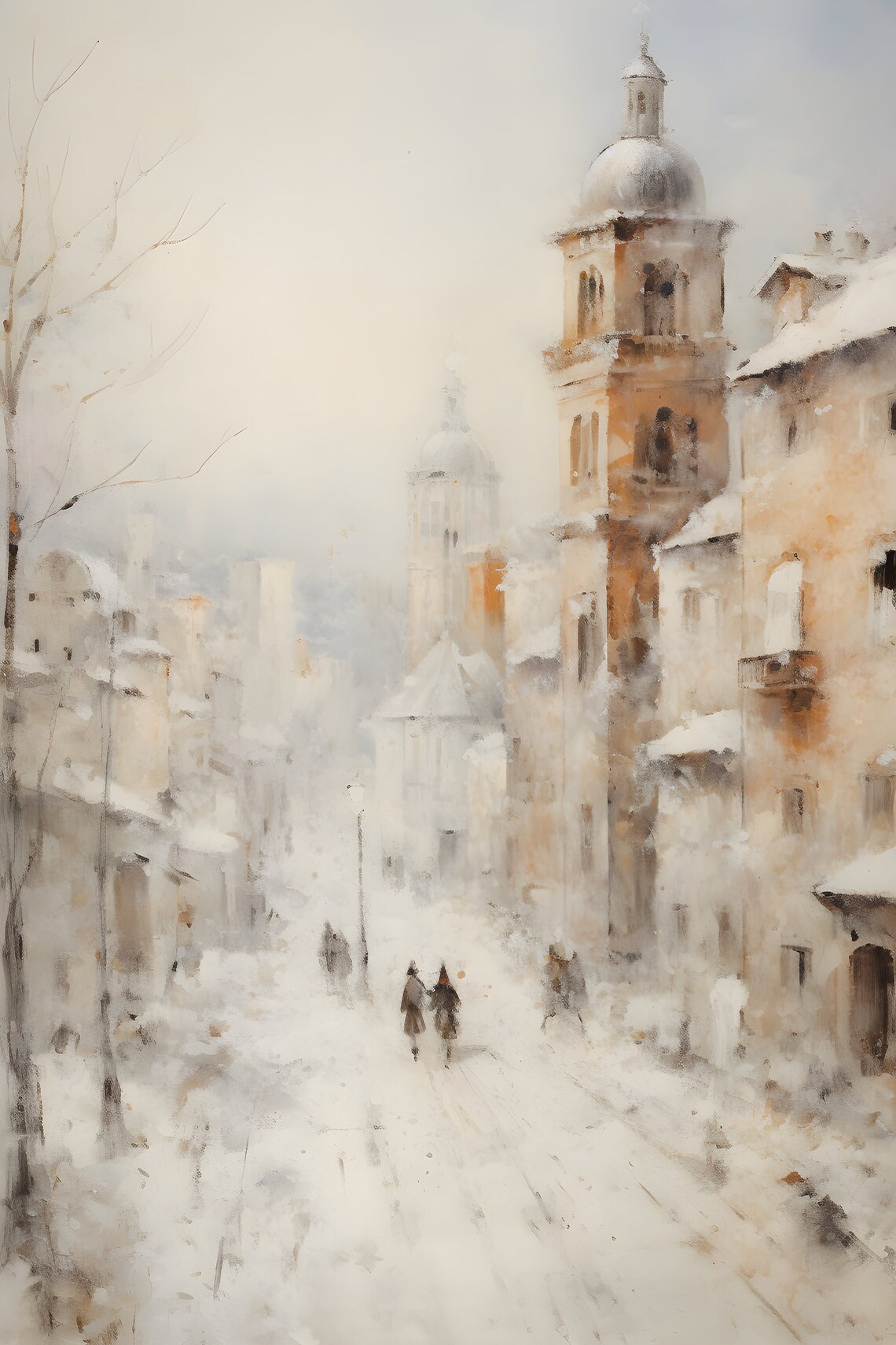 Snowy Old Town Street with Church Towers in Soft Winter Oil Poster - Image 6