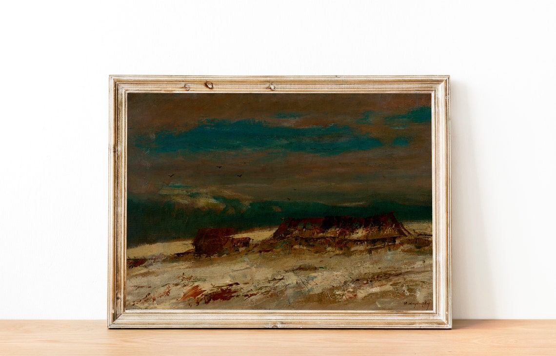 Dark Moody Mountain Twilight Shore Muted Antique Painting Poster - Image 3
