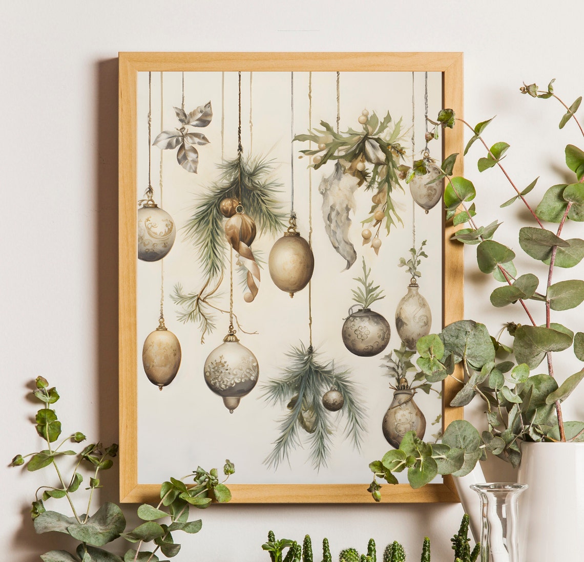 Vintage Ornaments and Dried Greenery Hanging Christmas Holiday Poster