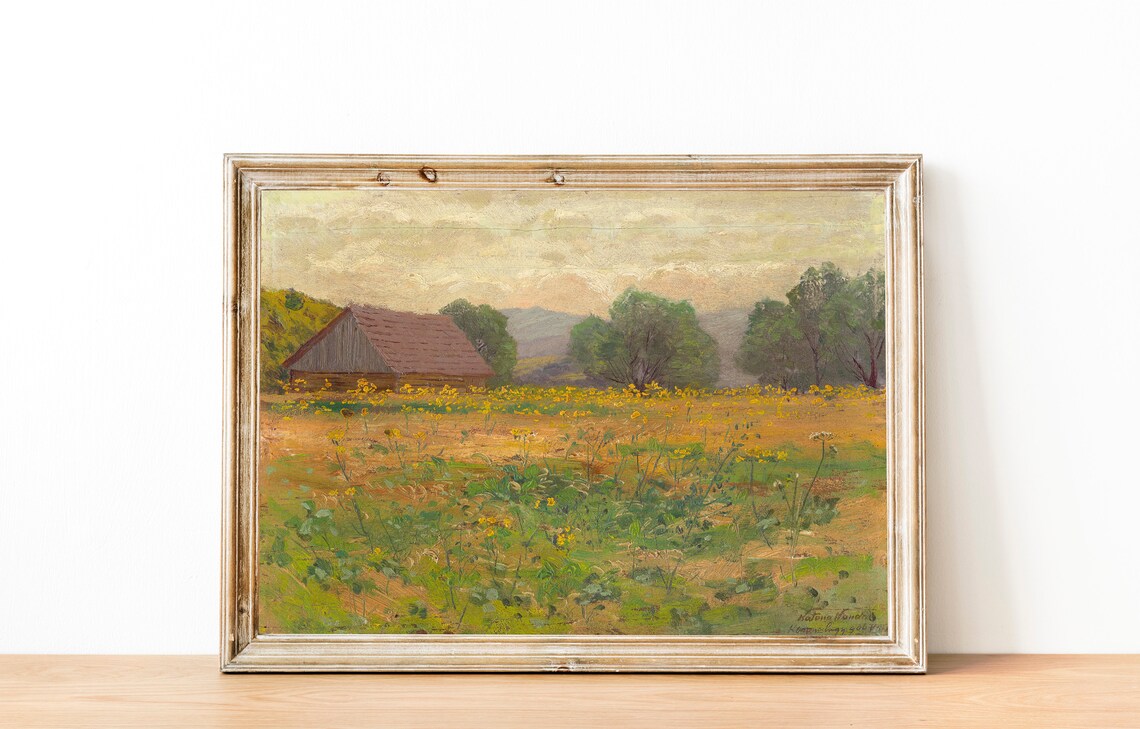 Rustic Barn Among Yellow Wildflowers Vintage Farm Painting Poster - Image 3