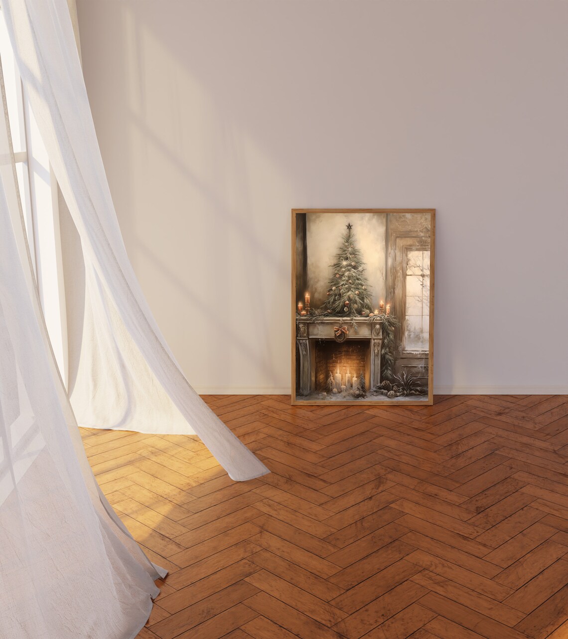 Christmas Tree on Fireplace Mantel with Candles and Garland Poster - Image 2
