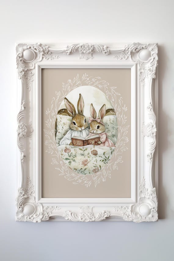 Mother Bunny Rabbit Reading To Baby Wall Art Softness Watercolor Art Print Cottagecore Decor Mom Baby Print Bunny Wall Art