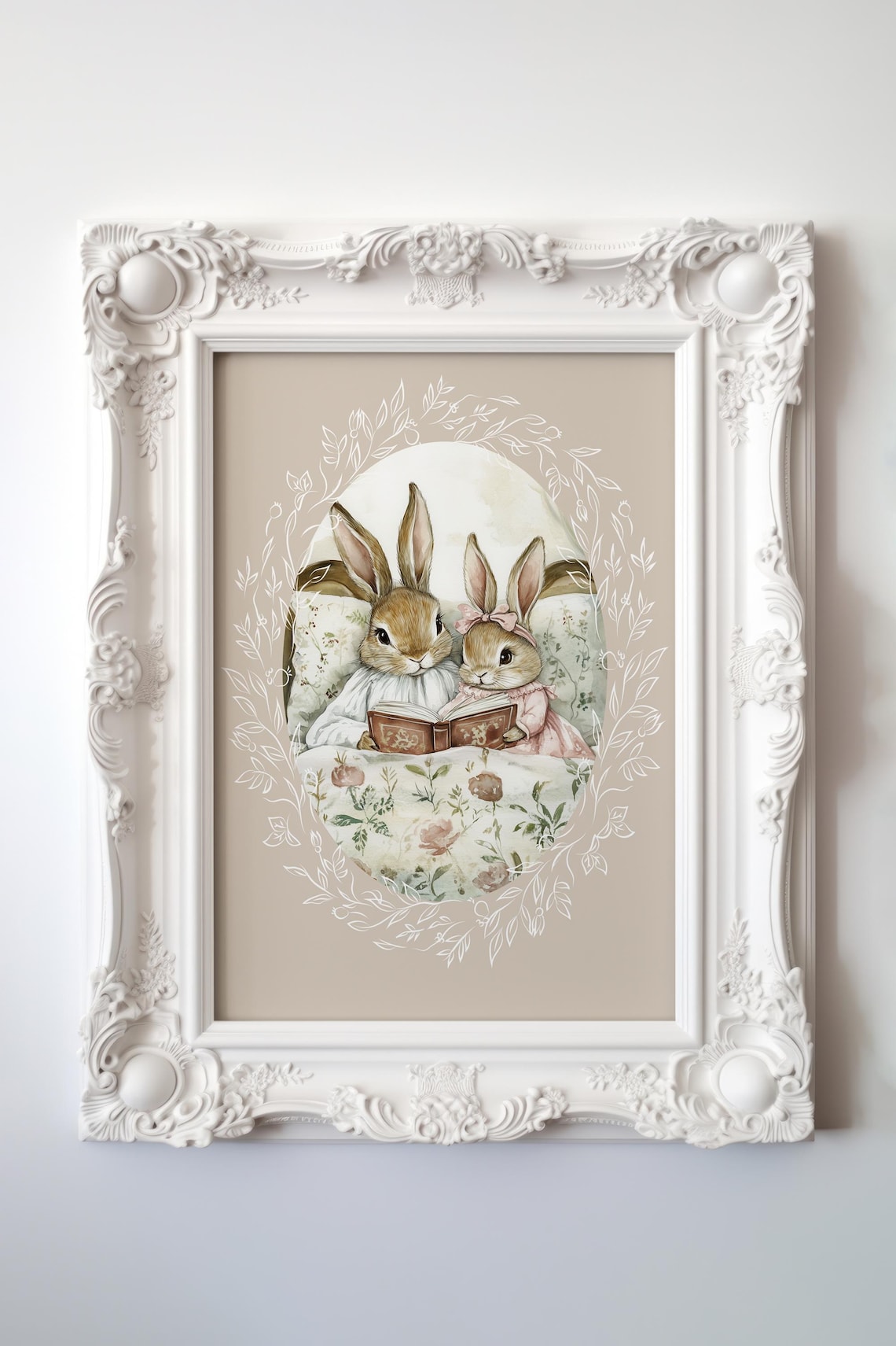 Two Bunnies in Nightgowns Reading a Book in a Floral Bed Poster
