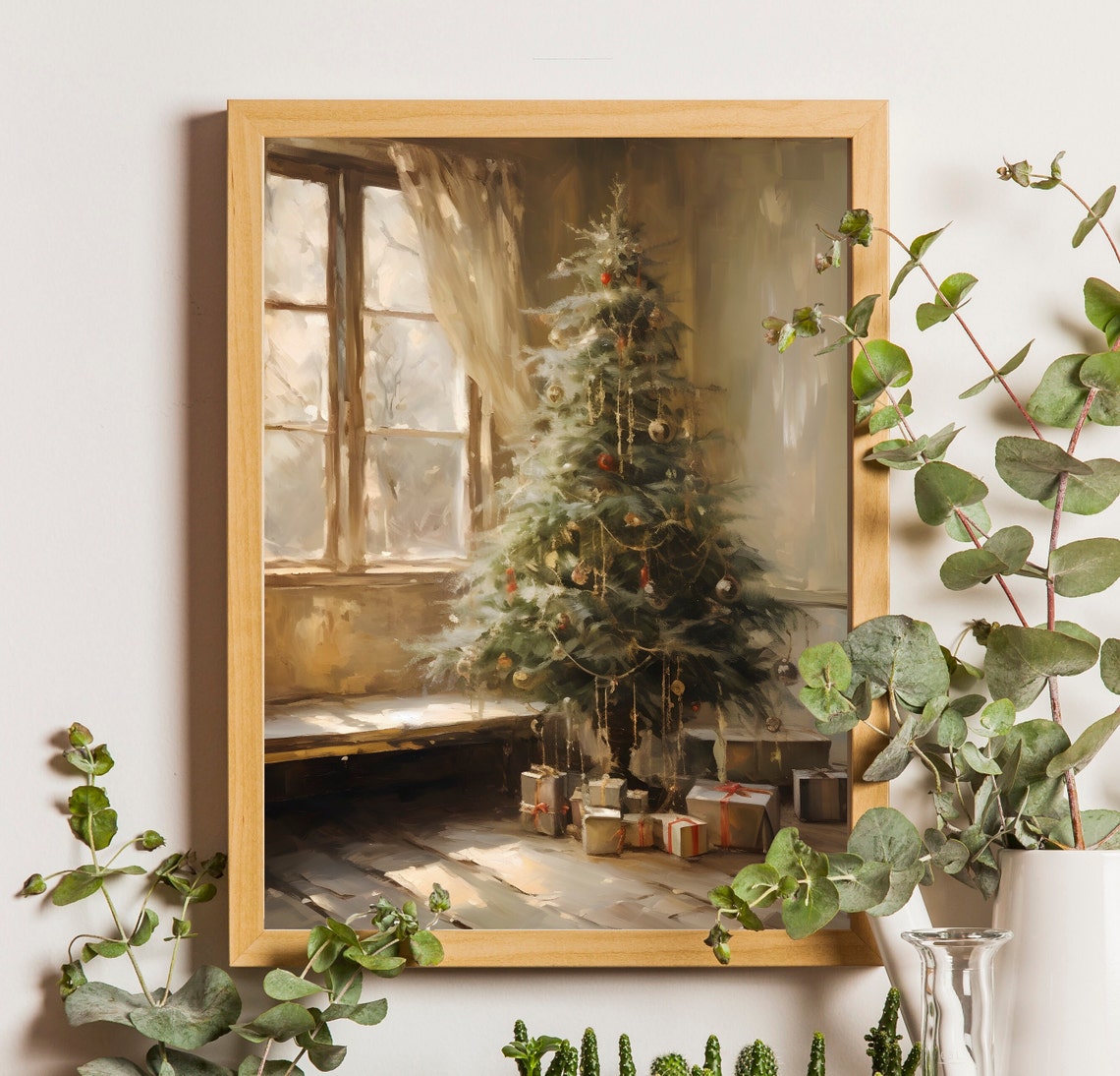Sunlit Christmas Tree by Window with Sheer Curtain Oil Painting Poster