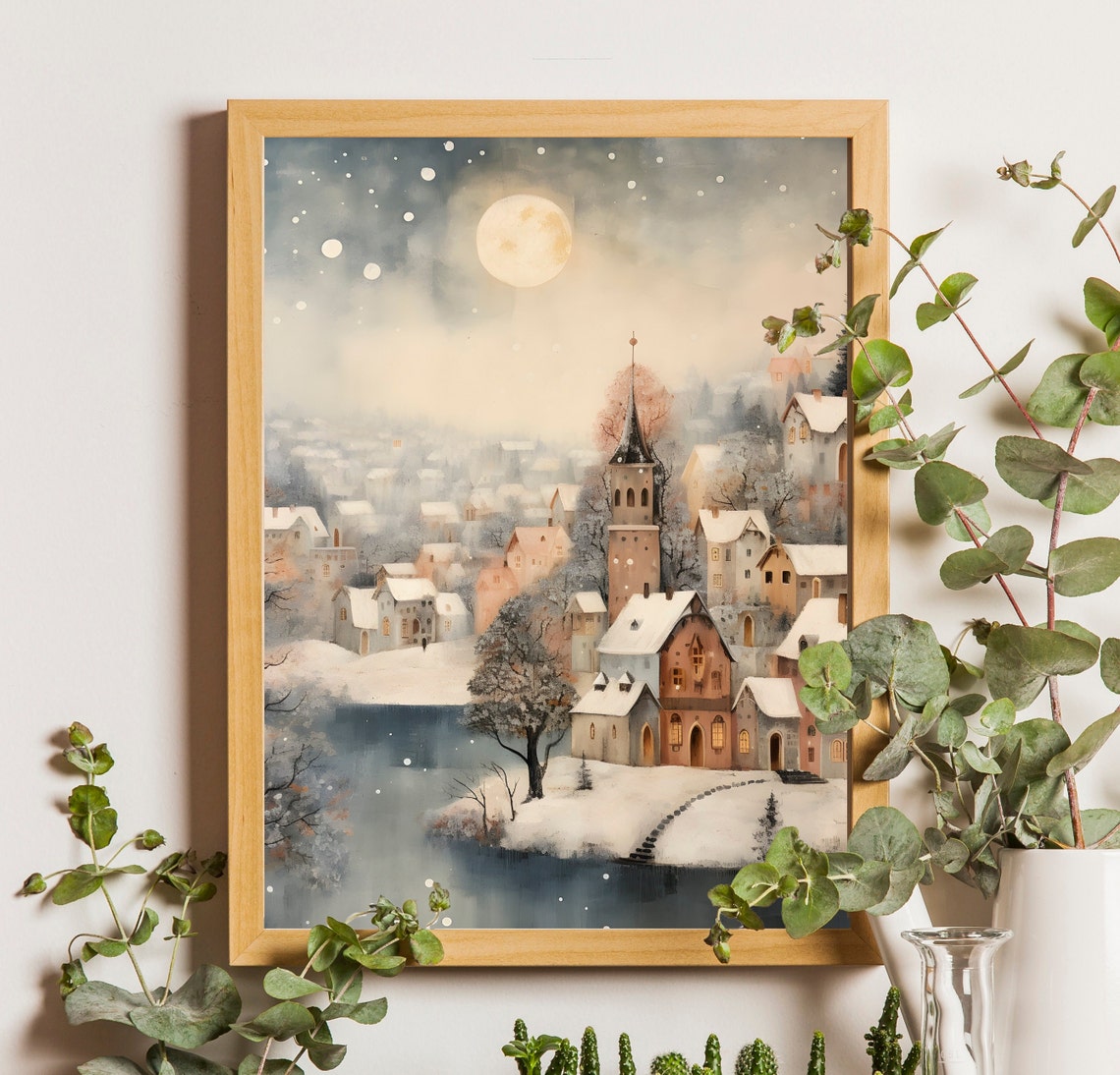Snowy Christmas Wall Art Town Christmas Village Art Print Cozy Winter Night Landscape Painting Holiday Decor Vintage Moody Nursery Wall Art