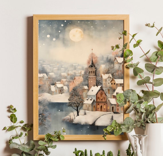 Snowy Christmas Wall Art Town Christmas Village Art Print Cozy Winter Night Landscape Painting Holiday Decor Vintage Moody Nursery Wall Art