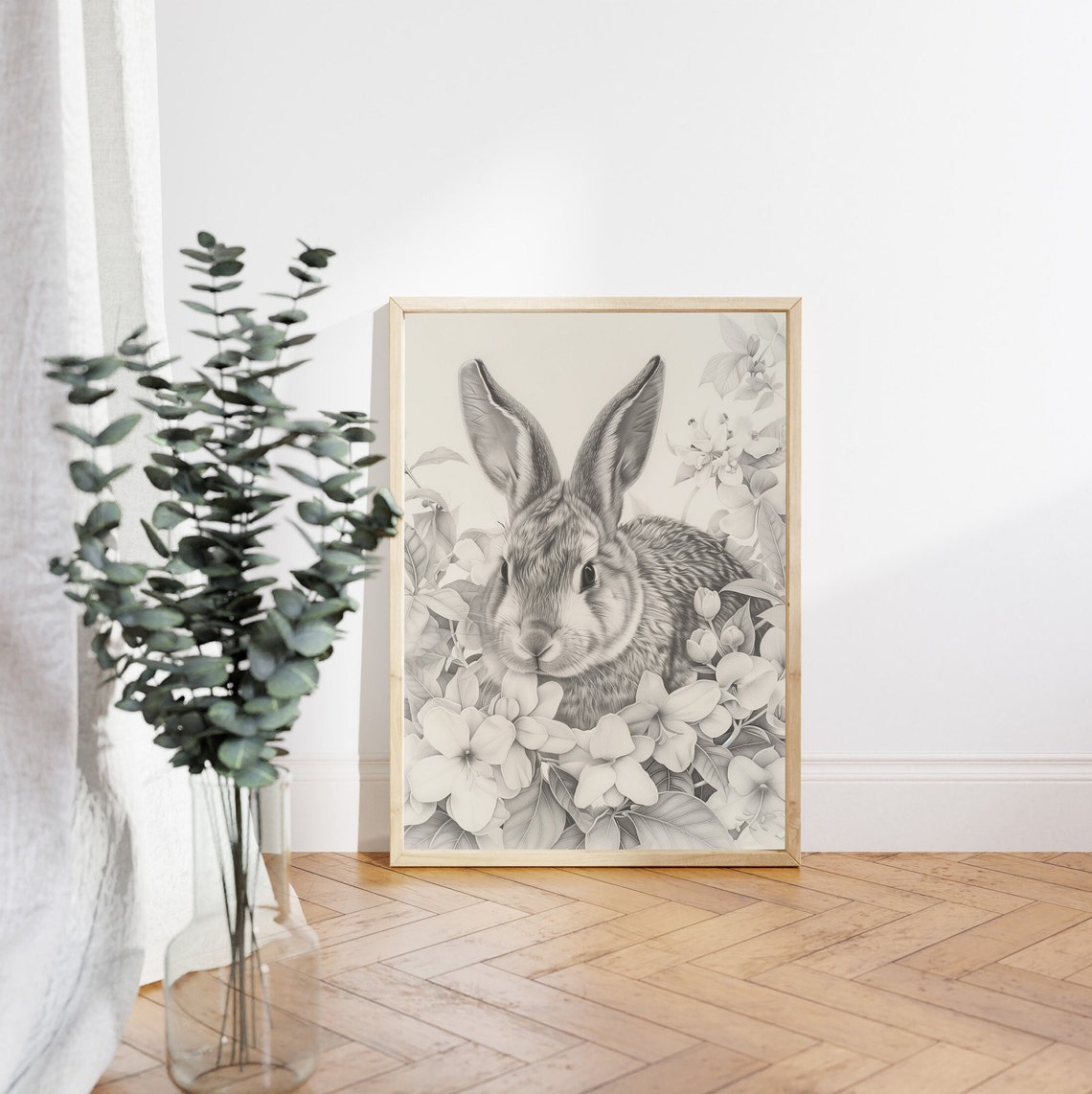 Grayscale Rabbit Among Sketched Blooms Baby Nursery Wall Art - Image 2