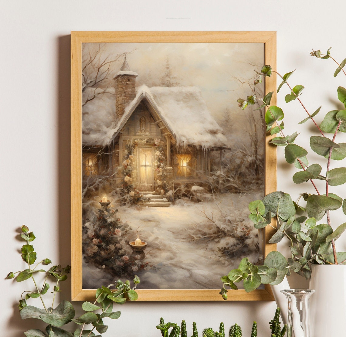 Cozy Snow Covered Cottage Glowing Windows Winter Night Scene Poster