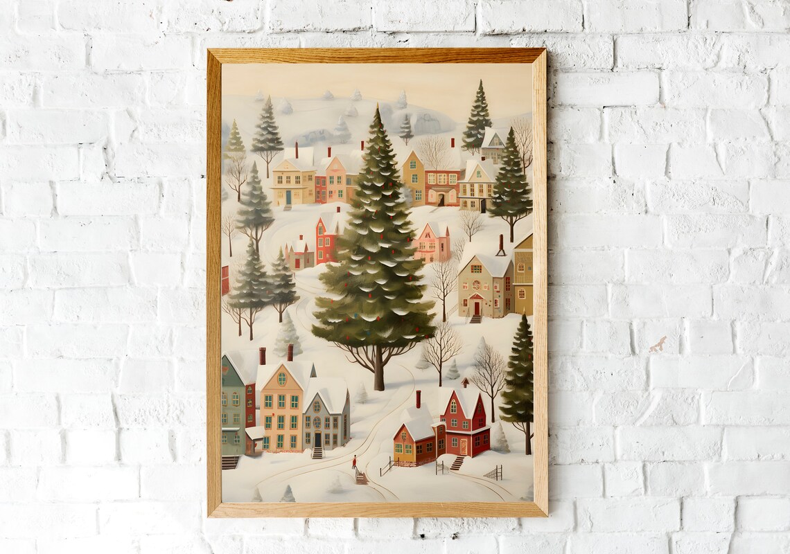 Folk Art Snowy Village with Giant Christmas Tree at Its Center Poster - Image 2