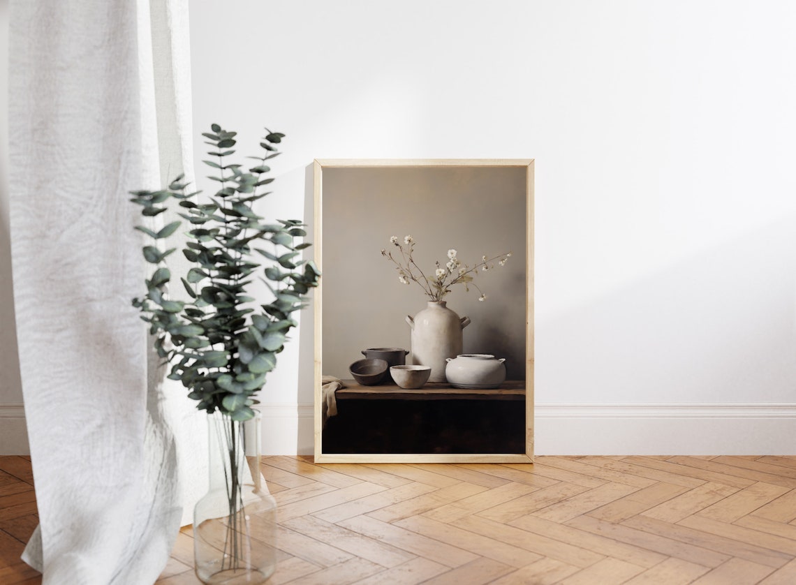 Minimalist Ceramic Vessels with White Blossoms Neutral Wall Art - Image 4