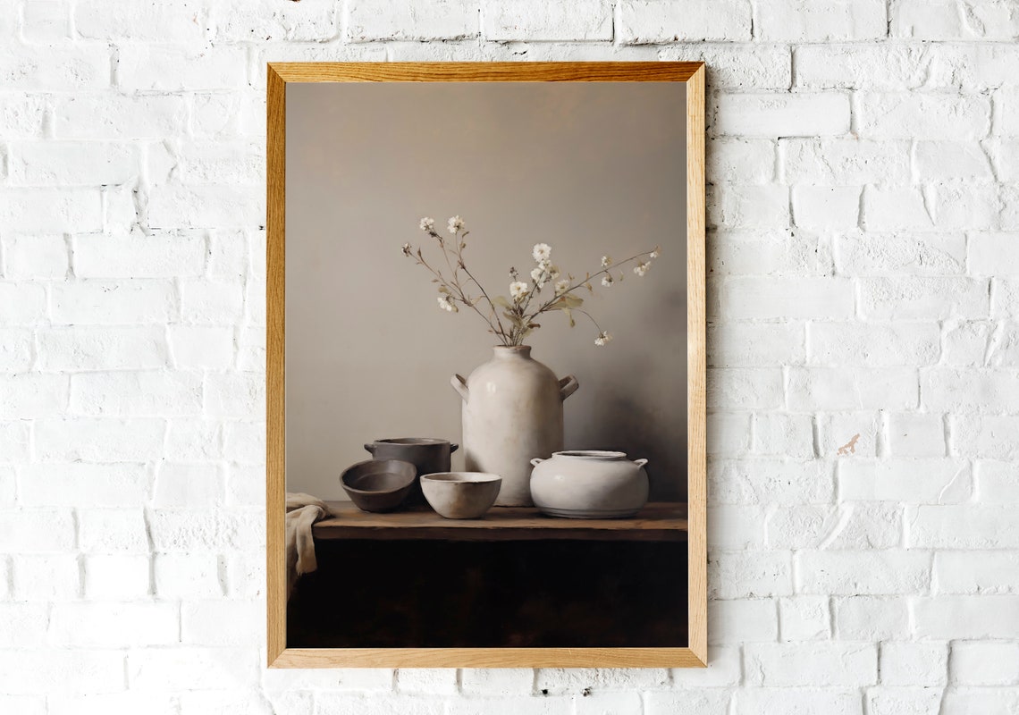 Minimalist Ceramic Vessels with White Blossoms Neutral Wall Art - Image 2