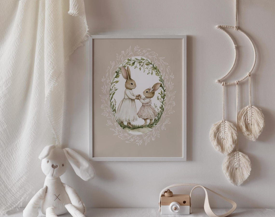 Two Bunny Sisters Holding Hands Under a Leafy Garden Arch Poster - Image 3
