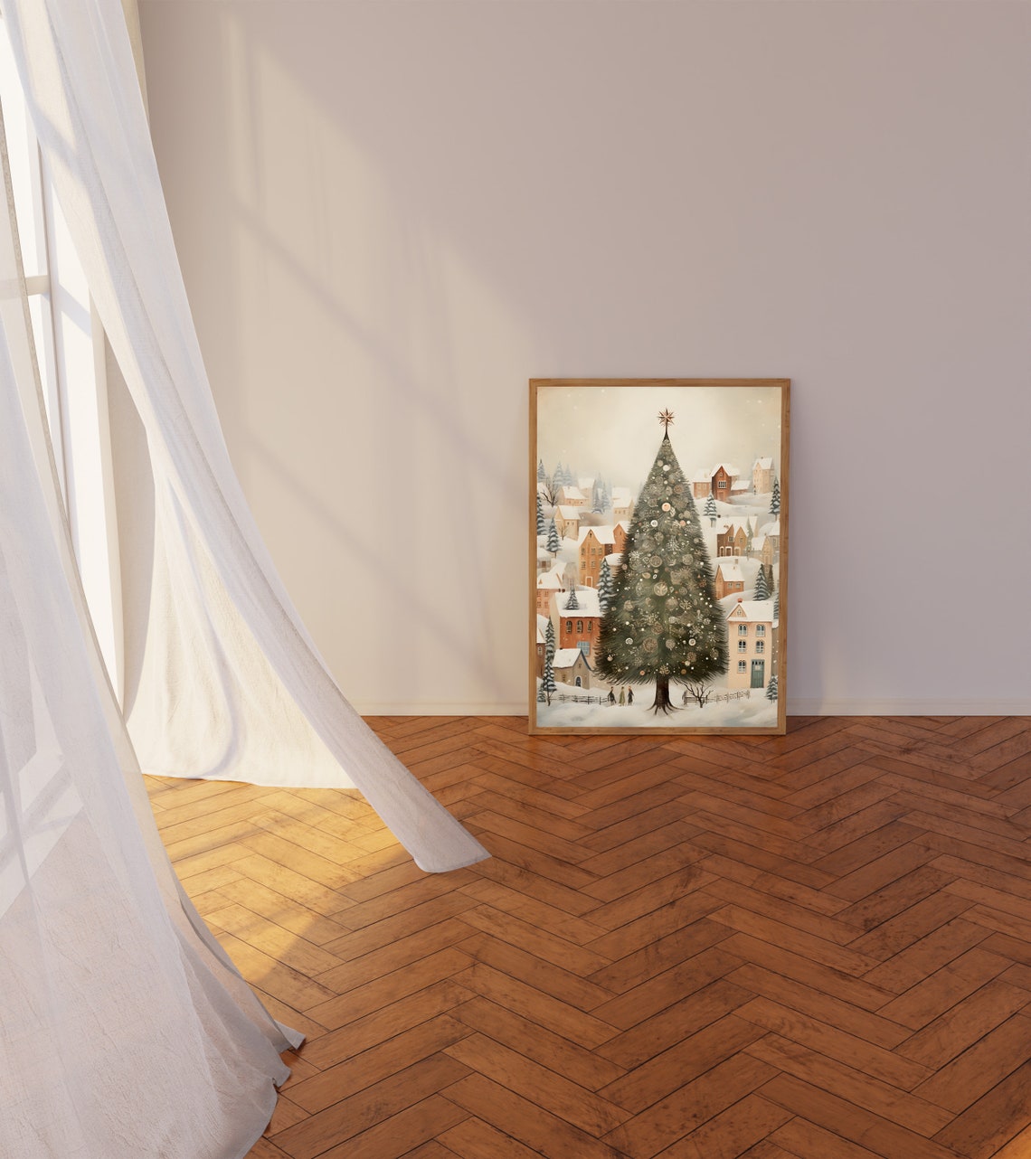Big Decorated Christmas Tree with Gold Star in Snowy Village Poster - Image 5