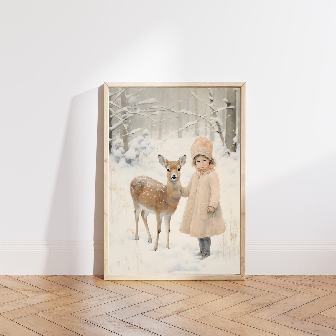 Child And Spotted Fawn Friends In The Snowy Woods Winter Poster - Image 4