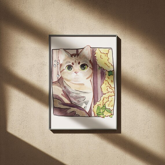 Hand Painted Style Cat Portrait, Watercolor