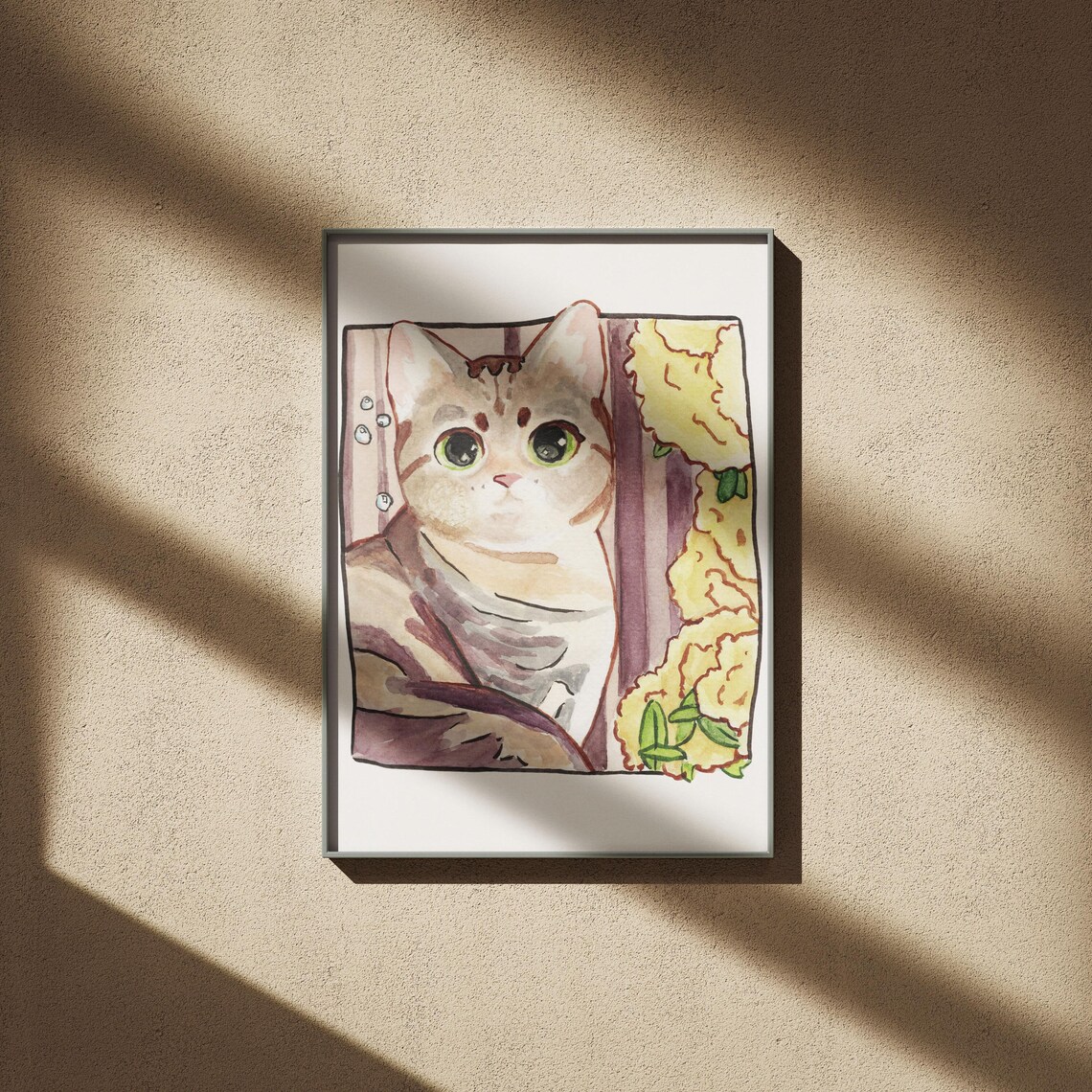 Hand Painted Style Cat Portrait, Watercolor