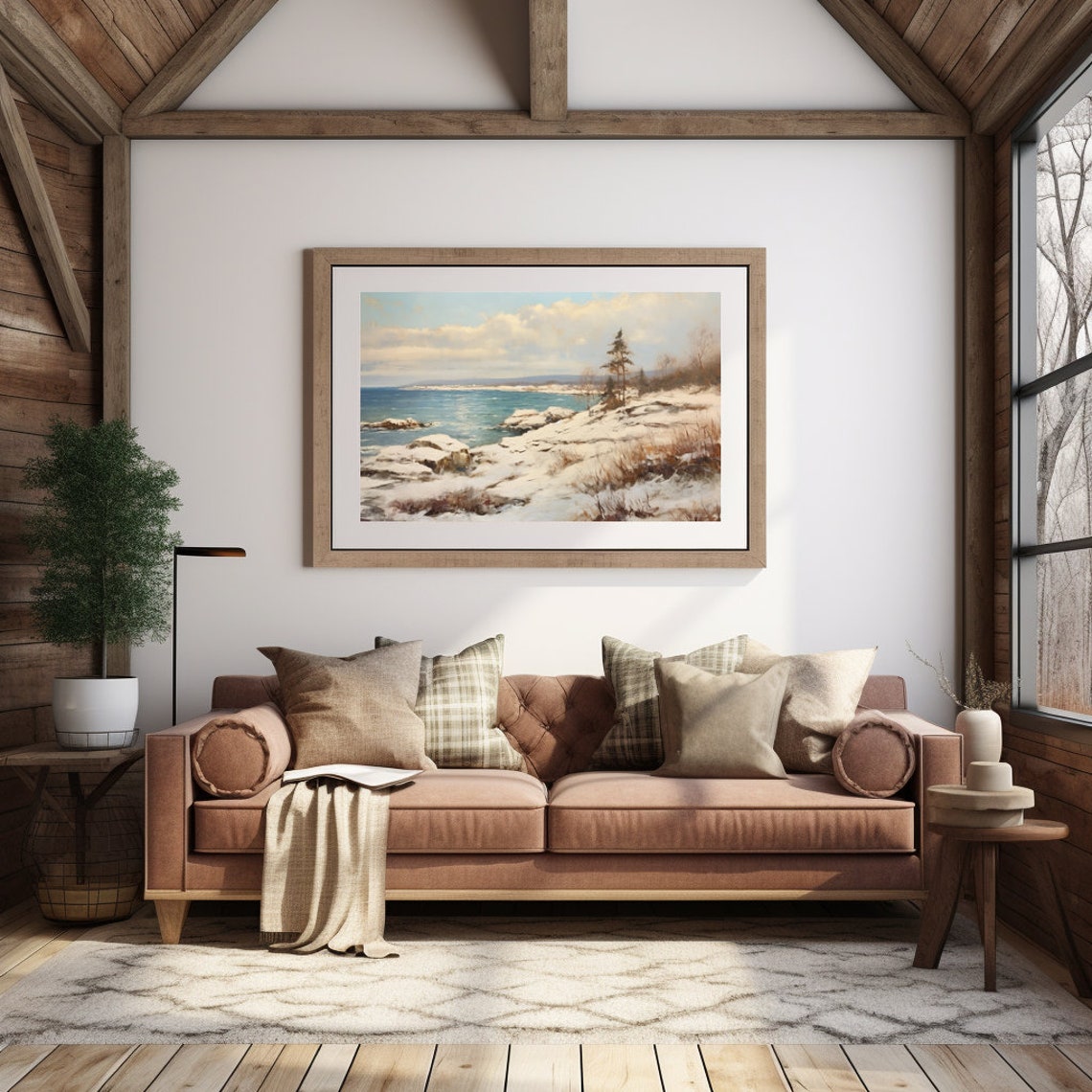 Winters Embrace Snowy Beach Oil Painting, Coastal Tranquility - Image 2