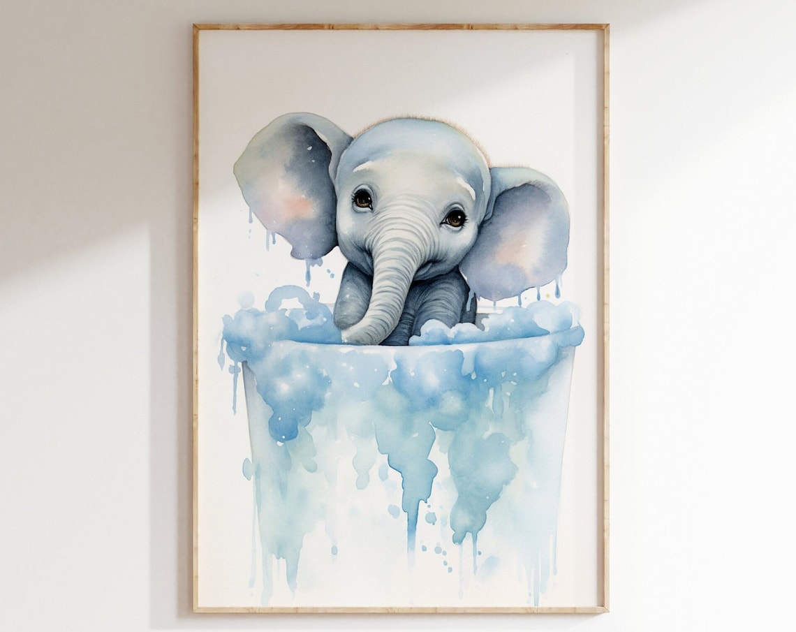 Baby Elephant Bubble Bath Blue Watercolor Cute Kids Bathroom Nursery Art Poster