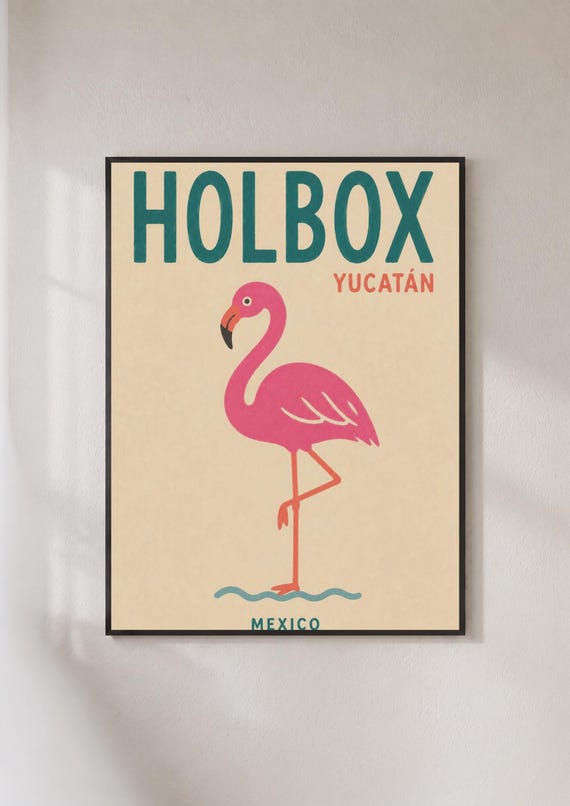 Holbox Yucatan Mexico Travel Poster Flamingo Wall Art Retro Mexican Print