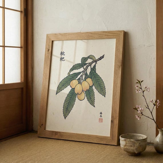 Japanese Loquat Print Woodblock Style Botanical Art Japandi Decor