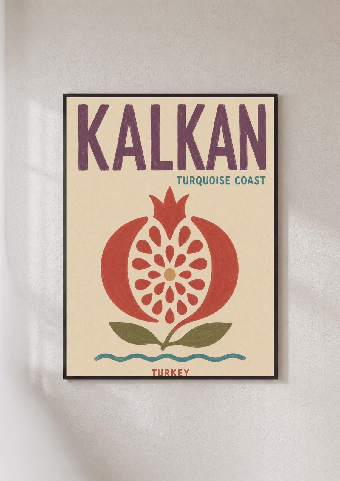 Kalkan Turkey Retro Travel Poster Turquoise Coast Pomegranate Fruit Art