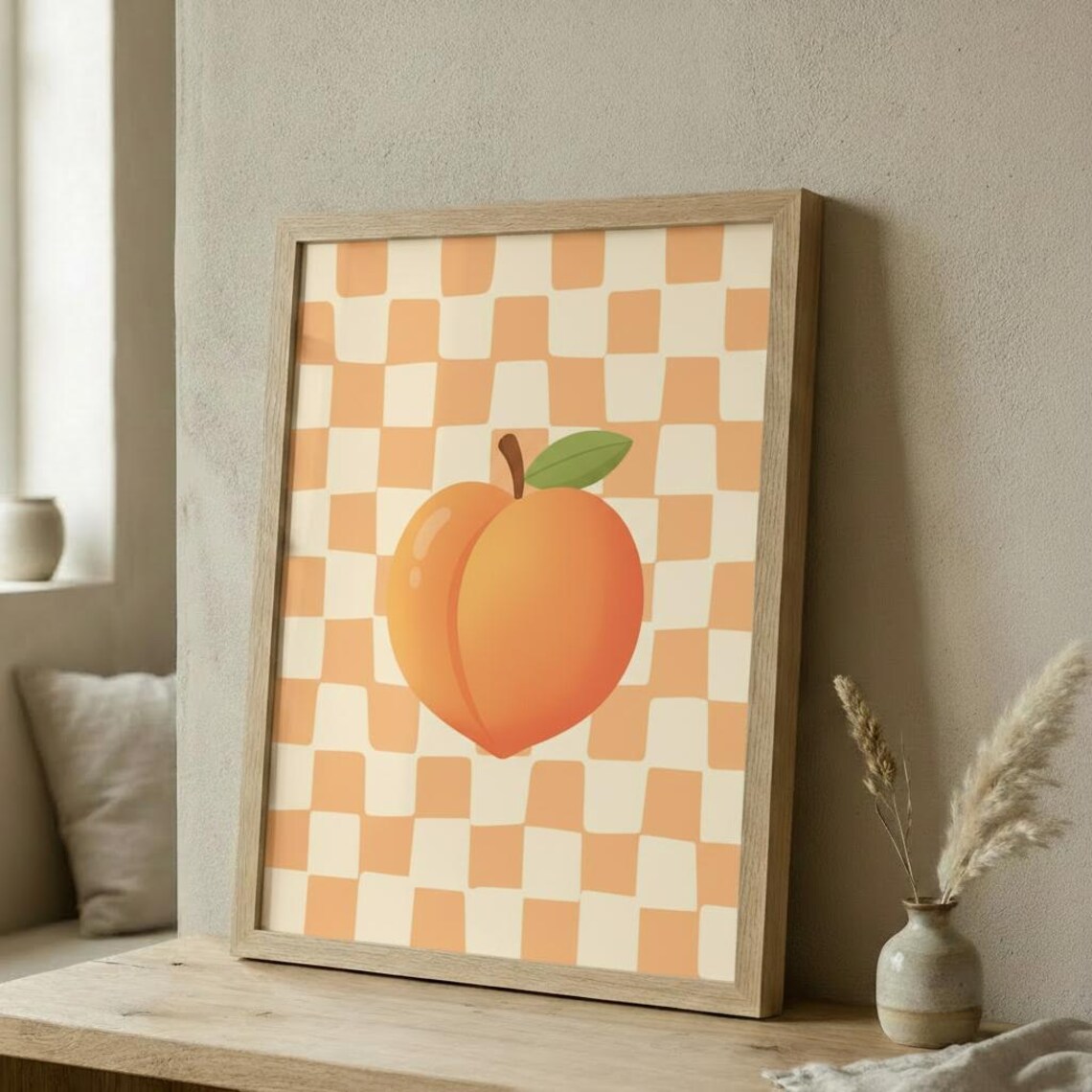 Checkard Peach Retro Fruit Poster Print