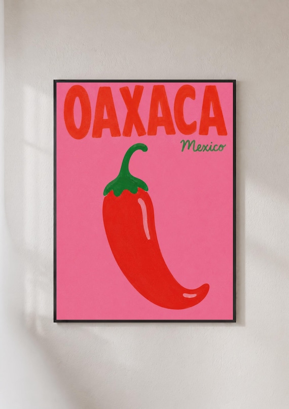 Oaxaca Mexico Chili Pepper Travel Poster Bold Pink Retro Kitchen Art
