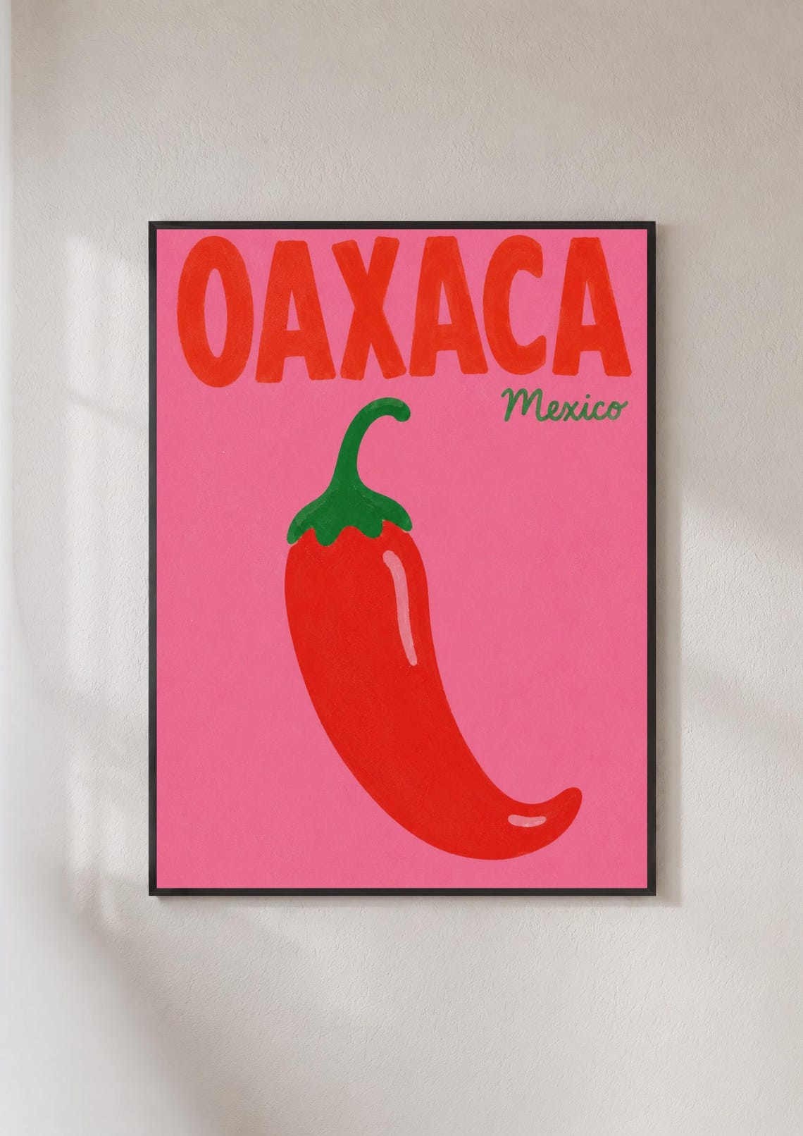 Oaxaca Mexico Chili Pepper Travel Poster Bold Pink Retro Kitchen Art