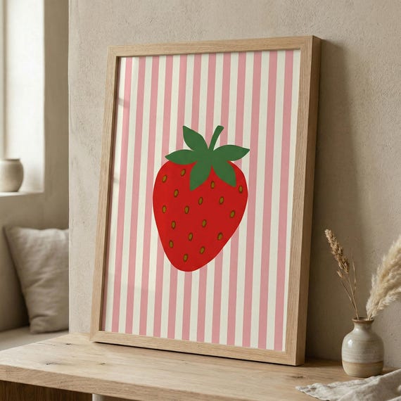 Strawberry Print Pink Stripe Minimalist Kitchen Wall Art