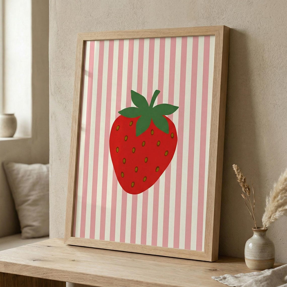 Strawberry Print Pink Stripe Minimalist Kitchen Wall Art