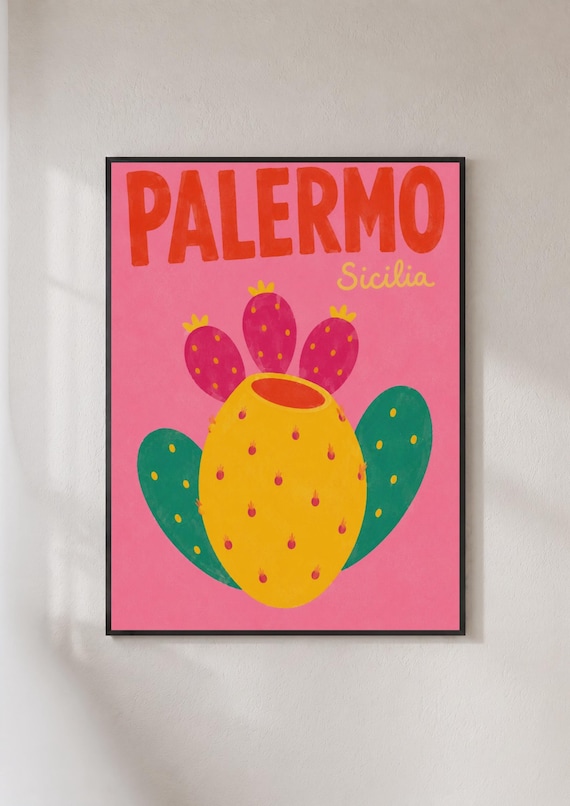 Palermo Sicilia Prickly Pear Cactus Retro Italian Island Travel Poster