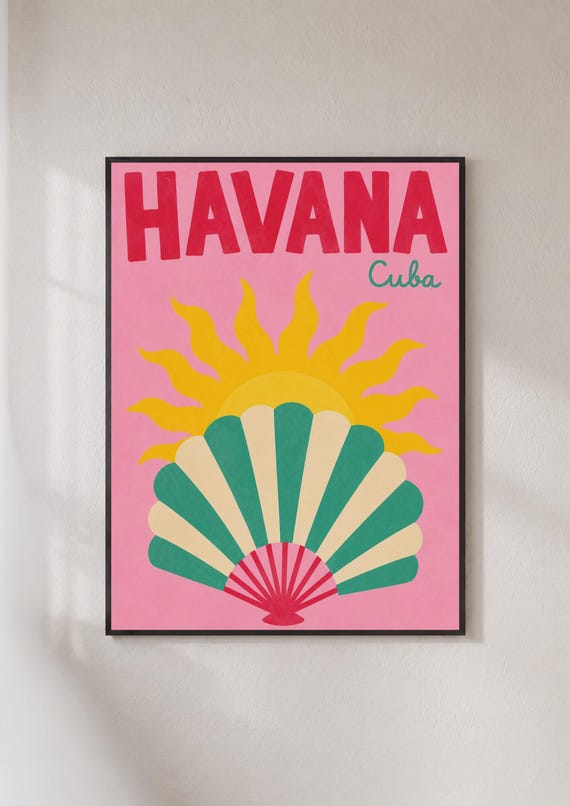 Havana Cuba Travel Poster Retro Sun Fan Art Print Pink Tropical Wall Decor
