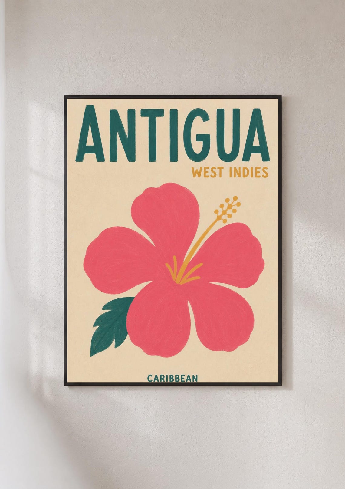 Antigua West Indies Caribbean Travel Poster Hibiscus Bloom Retro