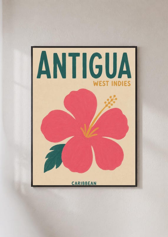 Antigua West Indies Travel Poster Caribbean Hibiscus Flower Wall Art Print