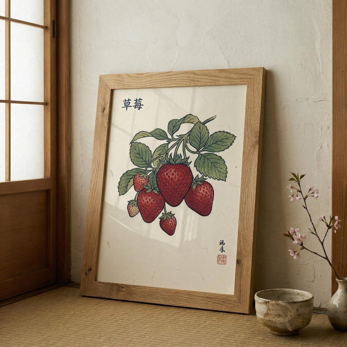 Japanese Strawberry Botanical Print Edo Period Mokuhanga Style Wall Art