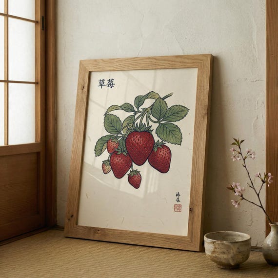 Japanese Strawberry Botanical Print Edo Period Mokuhanga Style Wall Art